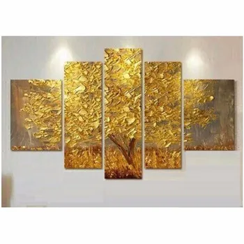

Hand Made New Golden Gustav Klimt Yellow Tree Of Life Abstract Oil Painting On Canvas Picture 5 Panel Wall Art Home Decoration