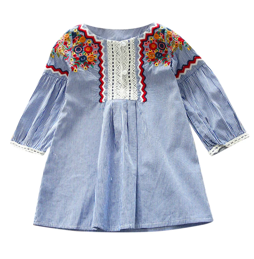 Красивые вышитые Мода В полоску; на весенне-осенний сезон платье одежда для маленьких девочек вышивка полоса вечерние Пышное Платье для принцессы F4