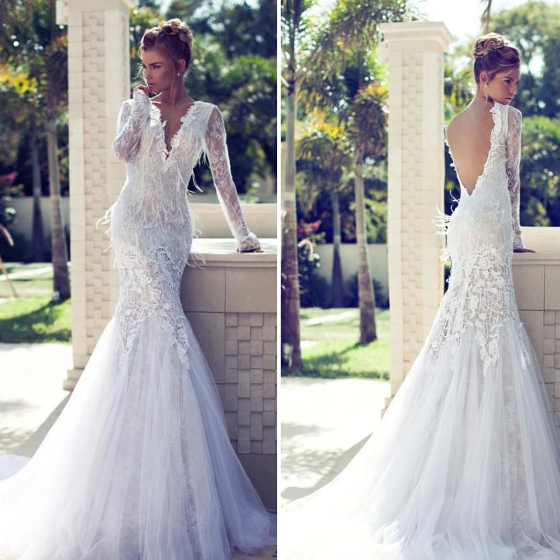 Glamorous Piume Abiti Da Sposa In Pizzo A Manica Lunga Profondo Scollo A V Abito  Da Sposa Sirena Sexy Backless Abiti Da Sposa da sposa PM122|wedding  gowns|bridal wedding gownsmermaid wedding dresses -