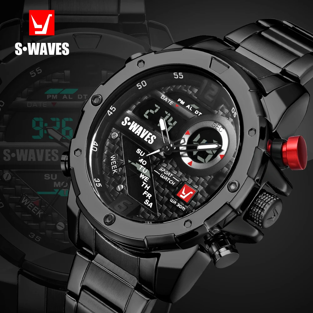 

SWAVES Brand Dual Display Watches Men Wach Quartz Sport Waterproof Digital Watch Big Clock Stainless Steel Relogio Masculino