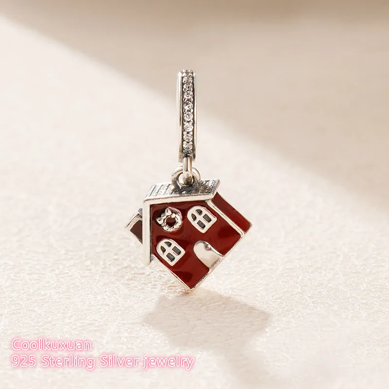 

2018 winter 925 Sterling Silver Cosy Christmas House Dangle Charm, Clear CZ & Red Enamel Fit Original Pandora Charms Bracelet