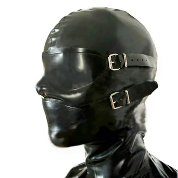 

Sexy Fetish Mask Black Unisex Latex Hoood with Eyes Mouth Cover Plug Gag Attached to Mouth