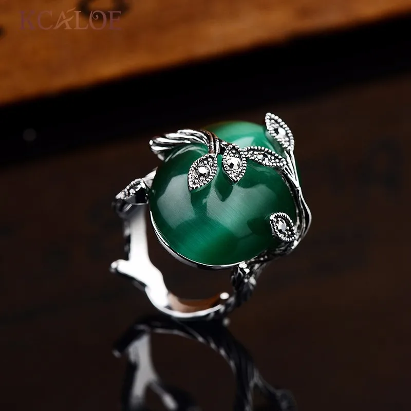 KCALOE, Винтажное кольцо с зеленым опалом, Овальный натуральный камень, кольца для женщин, Ретро стиль, Anillo, резные Роскошные хрустальные стразы