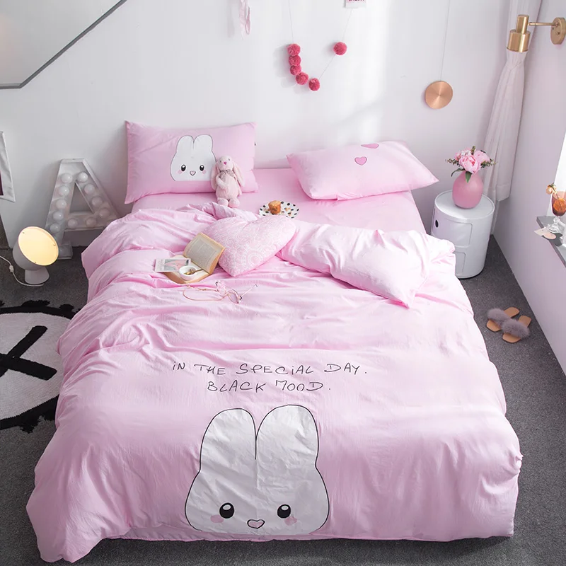 Cartoon Bedding Set Cute Rabbit White Pink Child Comforter Cover