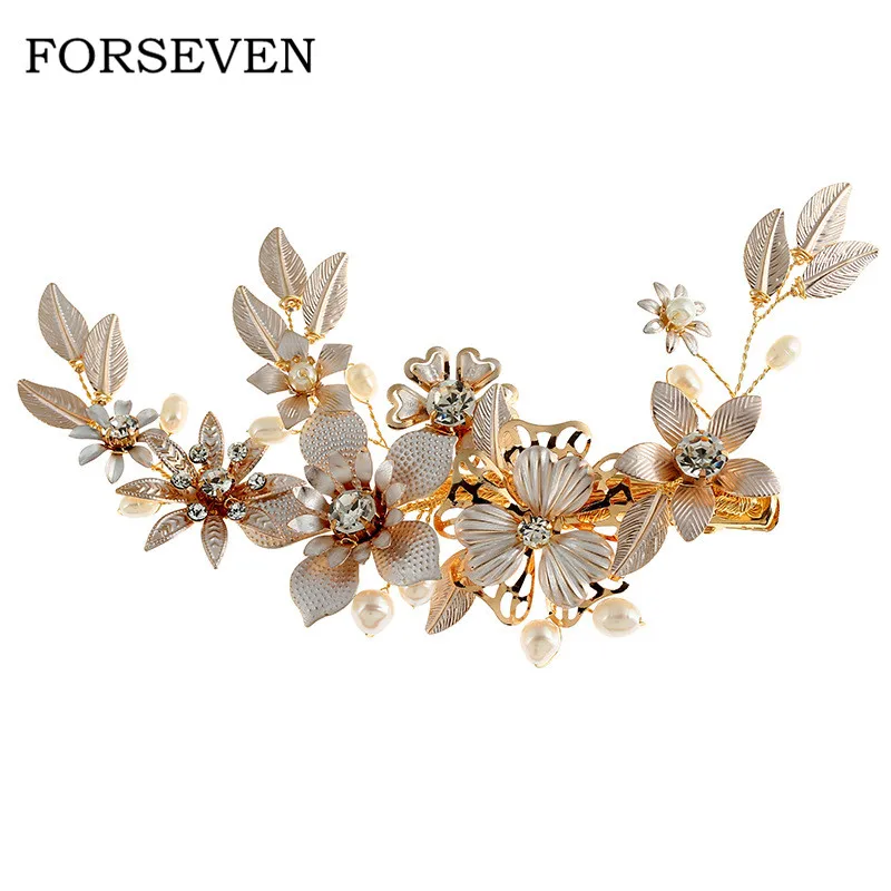 

Golden Flower Wedding Hair Clip Barrettes Bridal Headpieces Rhinestone Freshwater Pearls Headpiece Clip Wedding Hair Accessories
