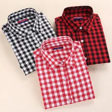 Dioufond New Women’s Plaid Blouse Cotton Women Long Sleeve Tops Ladies Red Plaid Shirt Female Plaid Women Blouse Plus Size Shirt