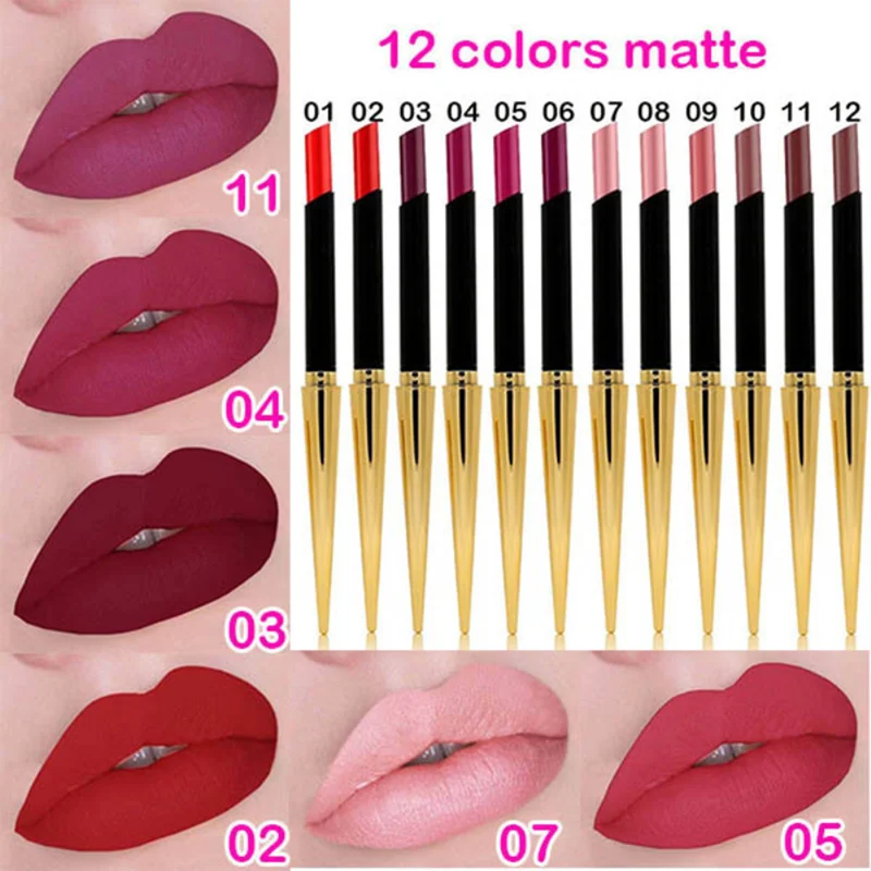

12 Colors High Quality Matte Lipstick Lip Waterproof Makeup Lasting Lip Stick with Gold Bullet Shape Fashion Lip Tube TSLM1