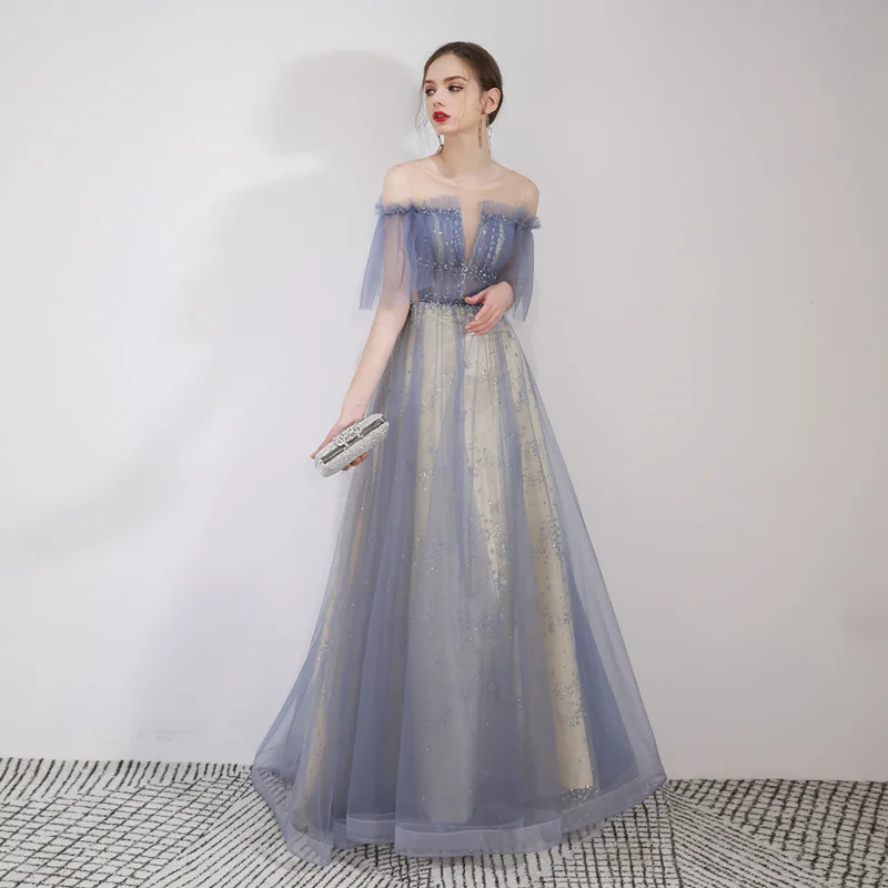 

Elegant Illusion Sequine Evening Dresses short Sleeve Long Women Gown 2019 New tulle Summer Style Special Occasion Dresses