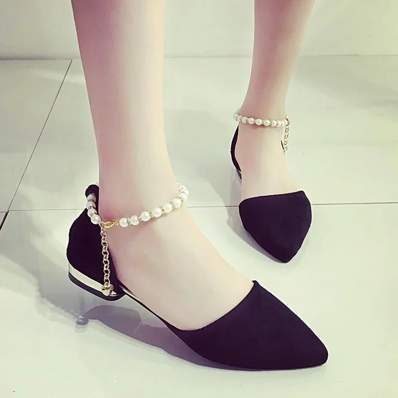 

YEELOCA Summer New Flat Sandals with A Buckle Low Heel Women's Shoes Pointed Flat Sandals Pearl String Bead Flats