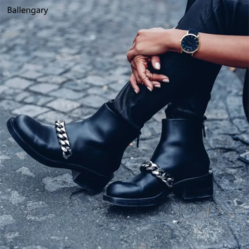

Classic Fashion Silver Gold Chain-Line Embellished Black Soft Leather Ankle Boots 2018 Luxury Brand Chunky Heels Women Shoes
