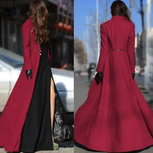 Стильные пикантные женские полной длины тонкая полушерстяная куртка с воротником-стойкой Тренч пальто F1