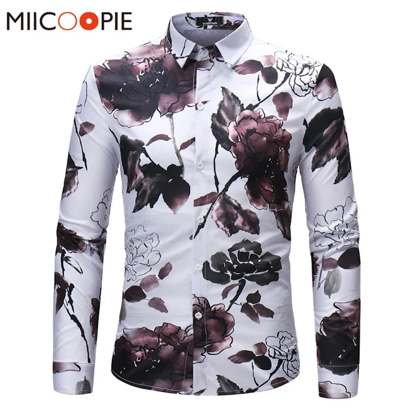 

Fashion Vintage Floral Prints Mens Dress Shirts Long sleeve Slim Casual Ink flowers Social Camisas Masculina Man Brand Clothing