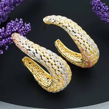 

MoonTree Big Wide Geometry Fashion 3Tone Mixed Ear Drops Copper Material CZ Stone Micro Pave Setting Ladies Earring Jewelry