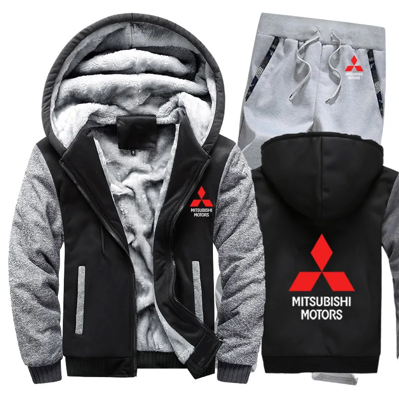 Hoodies Men Mitsubishi Car Logo Mens Hoodies Suit Winter Thicken Warm Fleece cotton Zipper Tracksuit Mens Jacket+Pants 2Pcs Sets - Цвет: 808