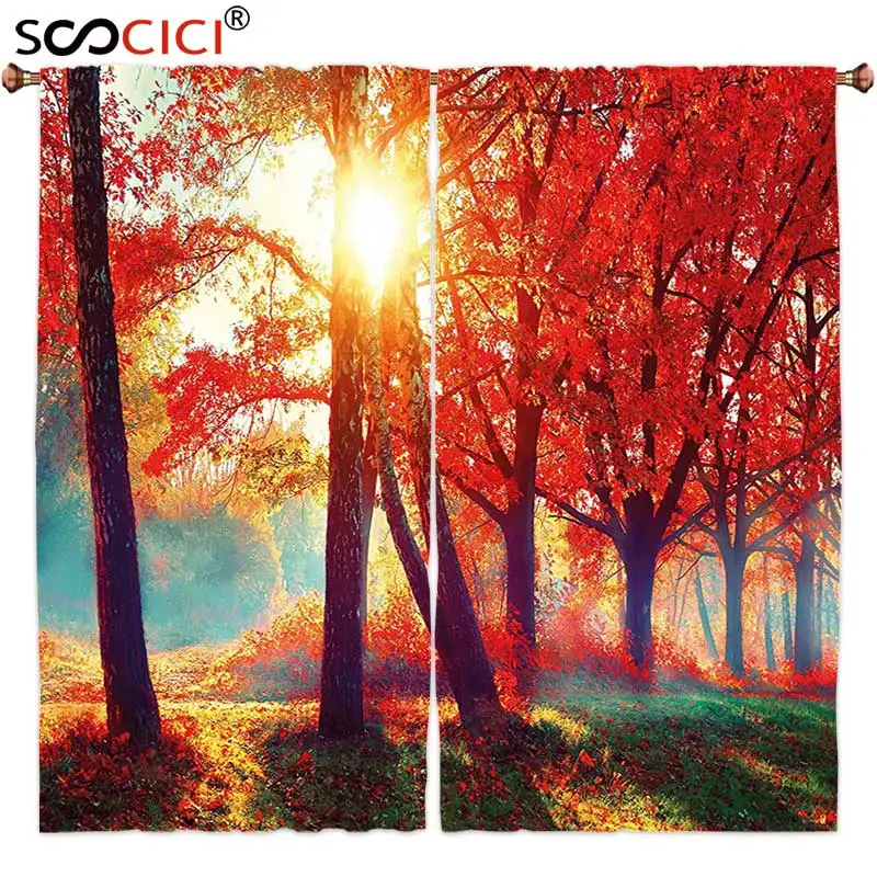 

Window Curtains Treatments 2 Panels,Red Autumnal Foggy Park Fall Nature Scenic Scenery Maple Trees Sunbeams Vibrant Woods Red