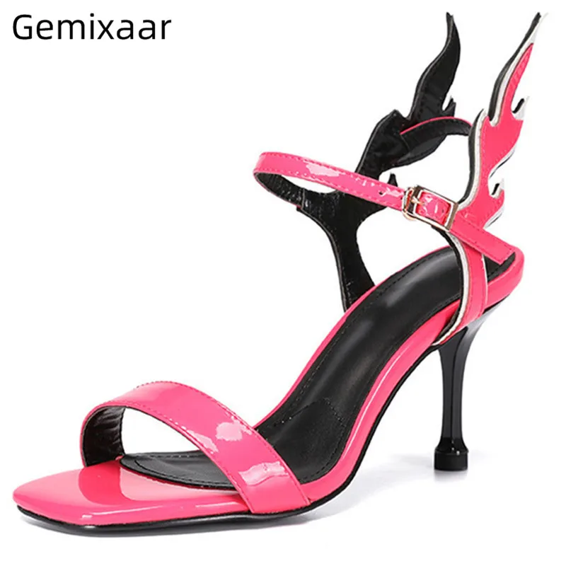 

Rose Flame Women Sandals Square Toe Slim Shallow High Gladiator Heels Party Shoes Cute Color Comfy Insole Woman Sandals 35-43