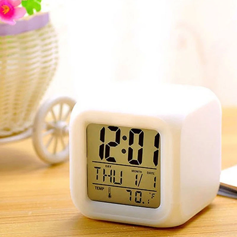

7 Color Changing LED Clock Alarm Digital Desk Gadget Alarm Clock Digital Thermometer Night Glowing Cube led Home
