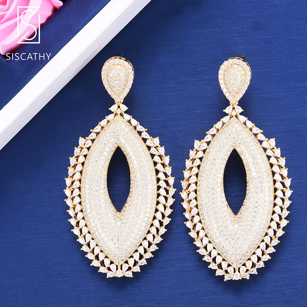 

39*77 mm Luxury Oval Shape Drop Pendant Cubic Zirconia Dubai Wedding Engagement Dangle Drop Earrings aretes de mujer