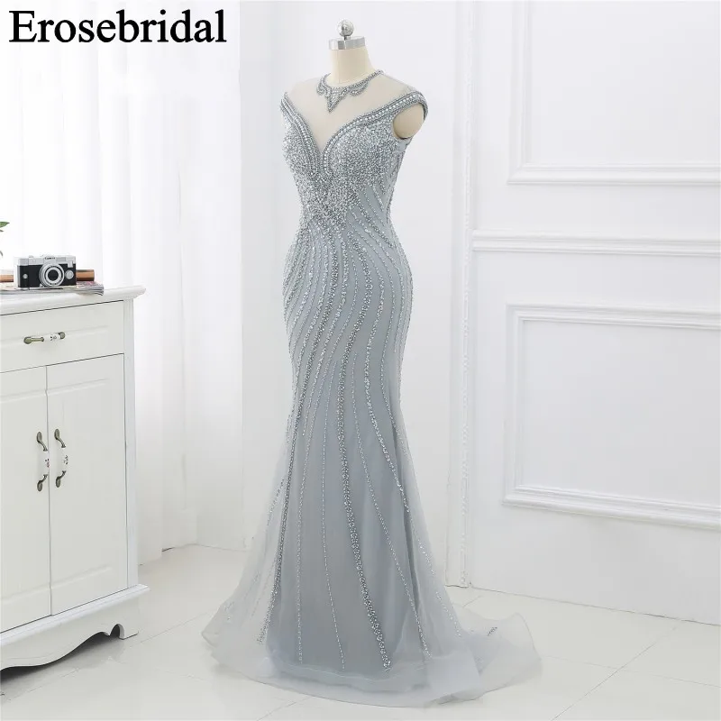 Elegant Evening Dress Long 2019 Sliver Beaded Formal Dresses Evening Gown for Women Illusion Back with Zipper robe soiree Elegant Evening Dress Long 2019 Sliver Beaded Formal Dresses Evening Gown for Women Illusion Back with Zipper robe soiree