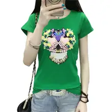 Коротким рукавом Футболка с рукавами женские сезон весна-лето Новинка в Корейском стиле хлопковые повседневные облегающие вышивка бисером рубашки больших size3XL