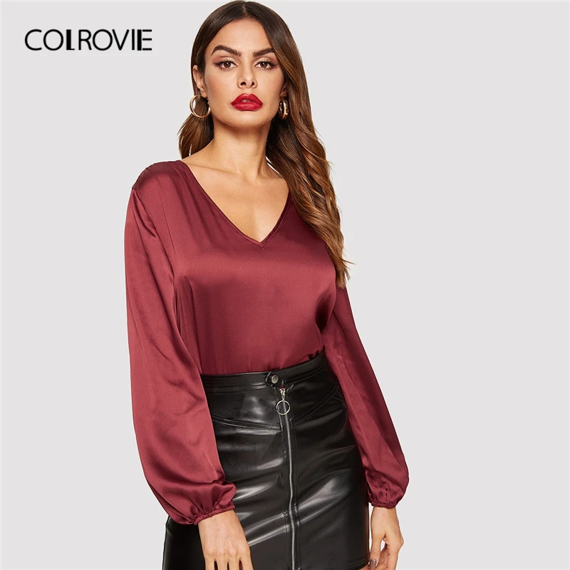 

COLROVIE Burgundy V-Neck Lantern Sleeve Satin Blouse Womens 2019 Spring Fashion Long Sleeve Elegant Shirts Office Ladies Tops