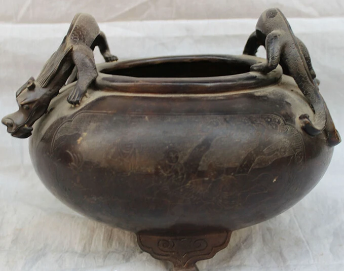 

USPS to USA S1298 8" Chinese Bronze 2 Dragon Unicorn Beast Statue Jar Incense Burner Censer (B0413)