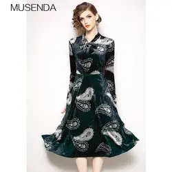 MUSENDA печать зеленого цвета Элегантный принт с галстуком-бабочкой темперамент винтажное платье