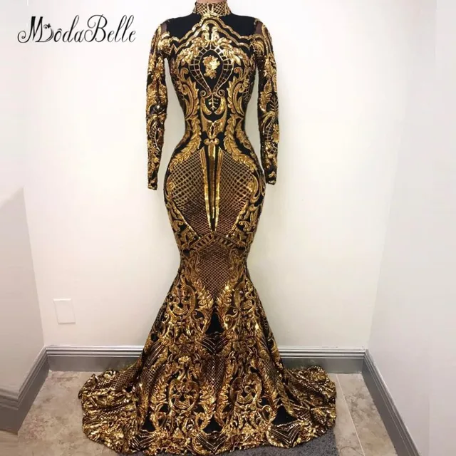 modabelle Ladies Long Sleeves Sequin Evening Dress Black Gold 2018 Arabic Abend Kleider Lange