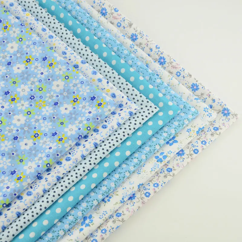 7pcs Mix Light Blue Print Lovely Flowers Abd Dots 100% Cotton Fabric Square Bundle Perfect Match Table Cloth DIY Dolls Handmade|100% cotton