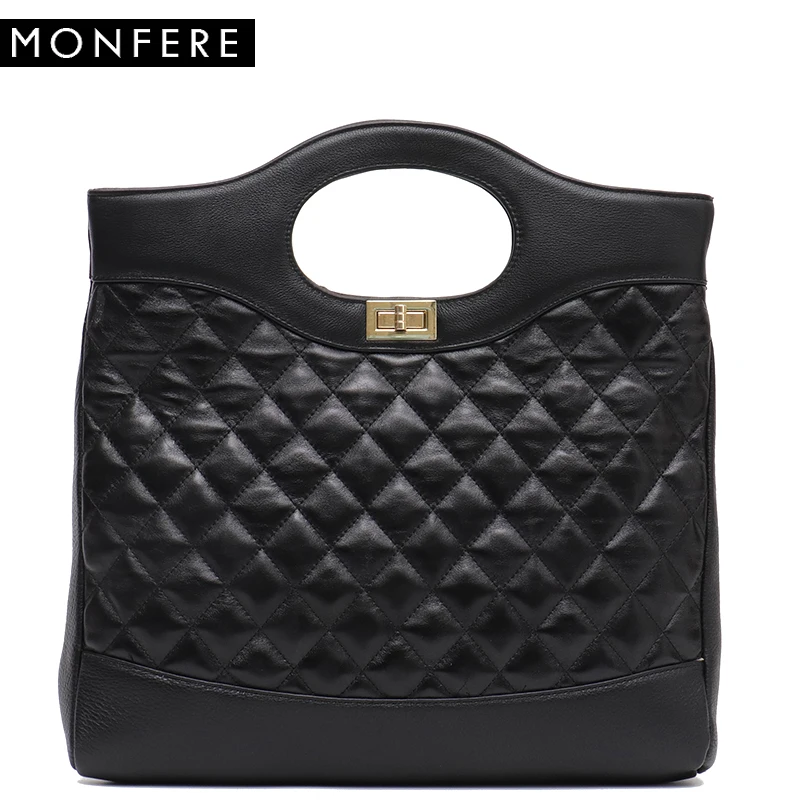 

SC Brand New Real Leather Handbags Women Large Bucket Luxury Black Plaid Top-handle Hobos Soft Shoulder Bags Crossbody Bags