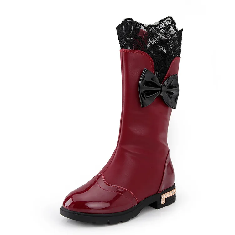 Детская обувь для девочек осенне-зимние Бархатные детские зимние сапоги высокие сапоги обувь из искусственной кожи для девочек сапожки с бантиком - Цвет: Бордовый