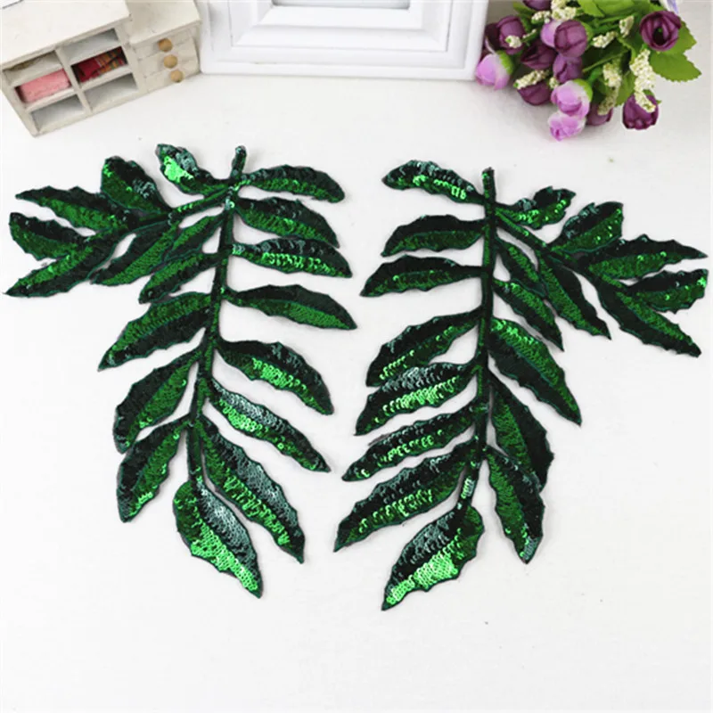 

1pair green leaf sequins applique patches embroidered badge fabric patches for clothing accessories iron on stickers patch