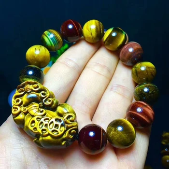 

Genuine Natural Colorful Tiger's Eye Gemstone Pi Xiu Pendant Crystal Round Bead Bracelet Women Men Powerful Stretch AAAAA