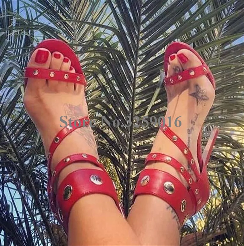 

Women Summer Fashion Open Toe Stiletto Heel Metal Rivet Gladiator Sandals Studded Red Black Buckle High Heel Sandals Dress Shoes