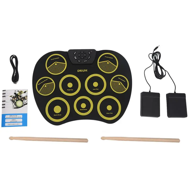 Портативная электронная барабанная установка, барабанный набор, 9 силиконовых подушечек, питание от USB, с педалями для ног, барабанные палочки, кабель USB