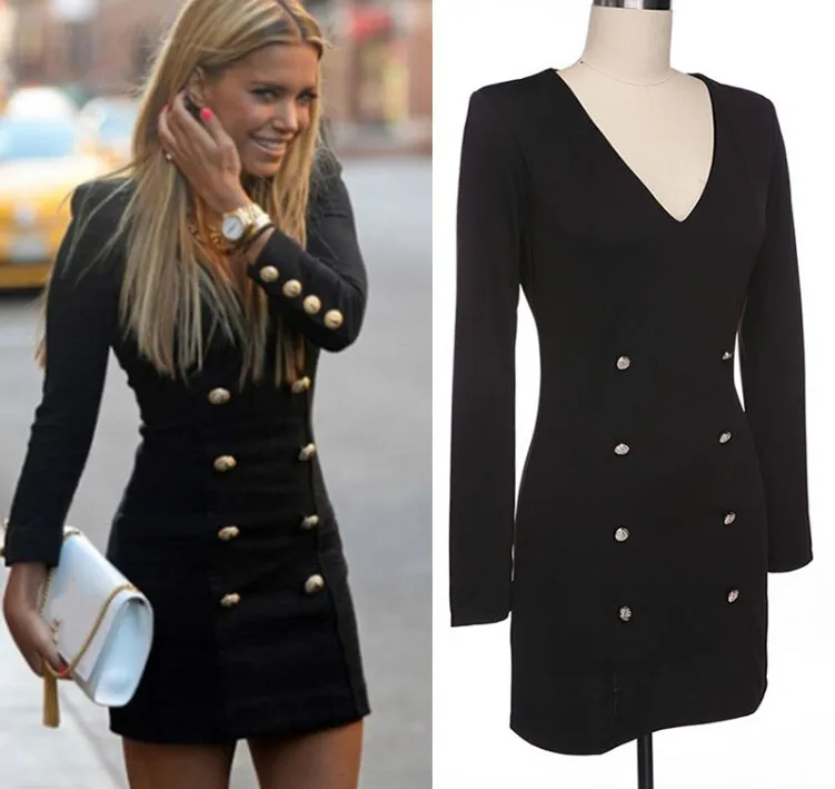 

Fashion Women's Office Lady Black Low V-neck Long Sleeve Casual Dress Workwear OL Stretch Buttons Dress Black
