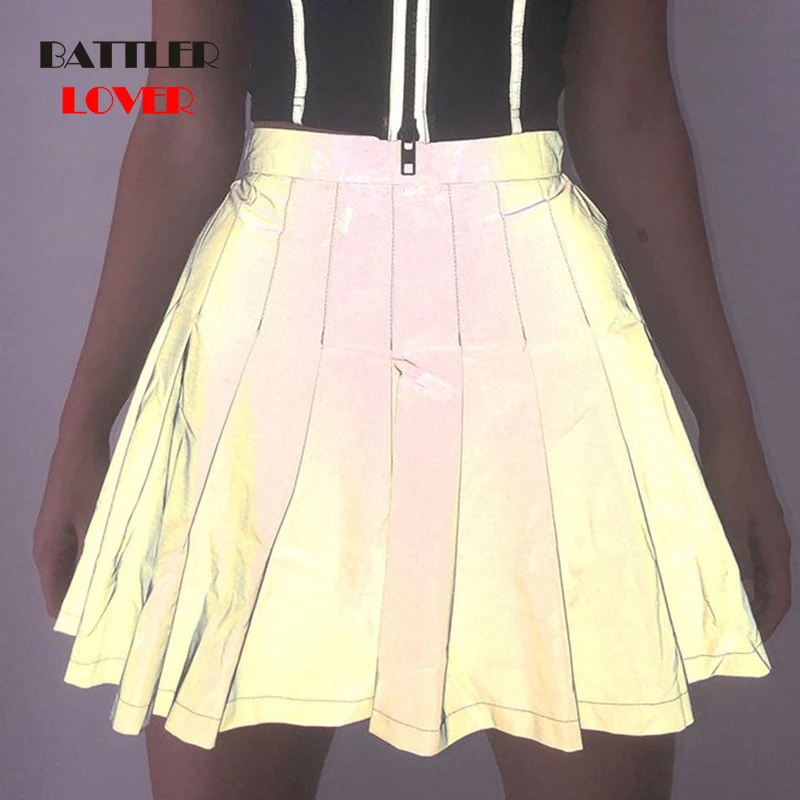 

Gray Pleated A Line Skirts Women Preppy Style Reflective Light Sparkle Shiny Mini Skirts Females Girls Zipper High Waist Lovely
