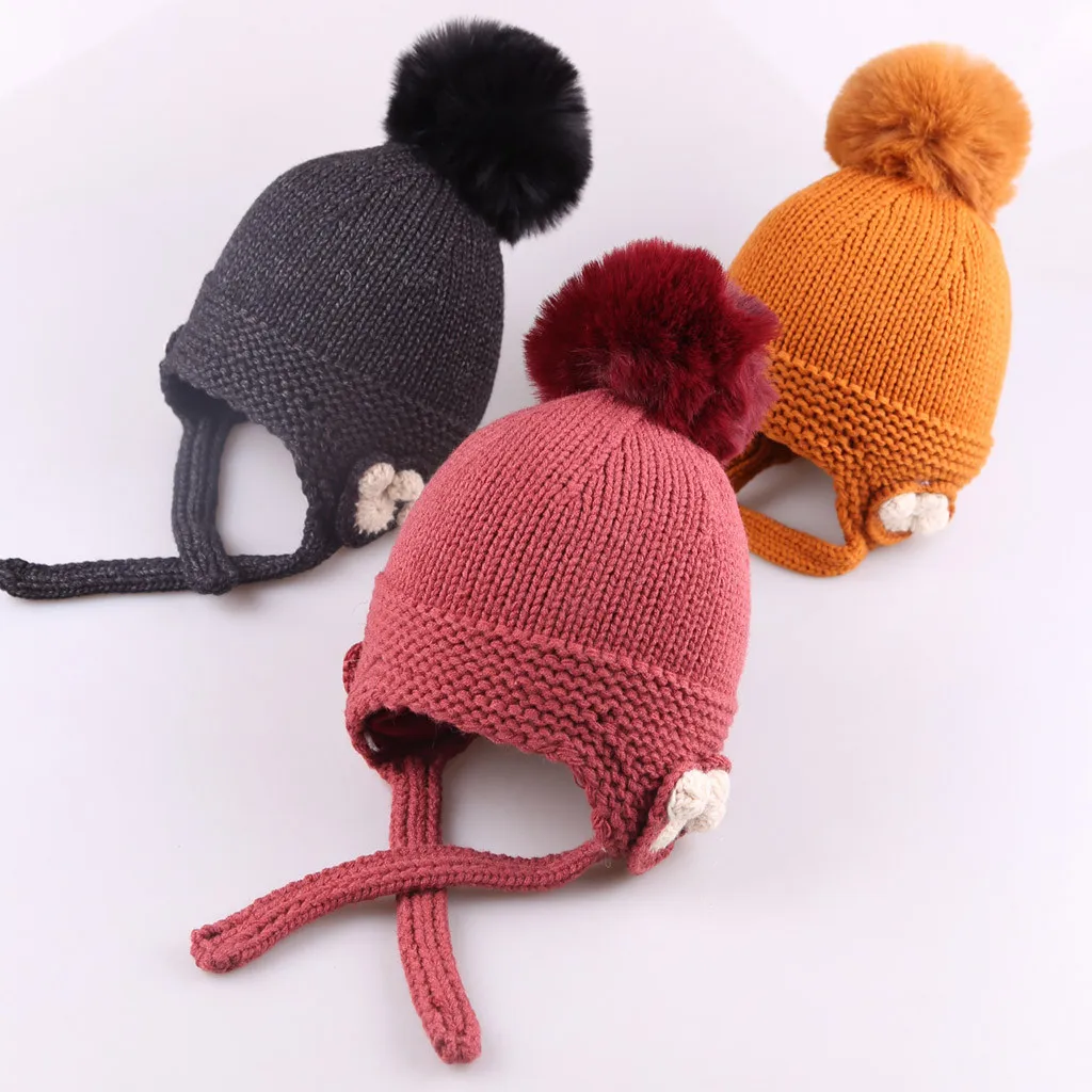 Симпатичные Дети малышей Девушки Детские зима вязаный крючком вязаная шапка, шапочка с помпоном одежда