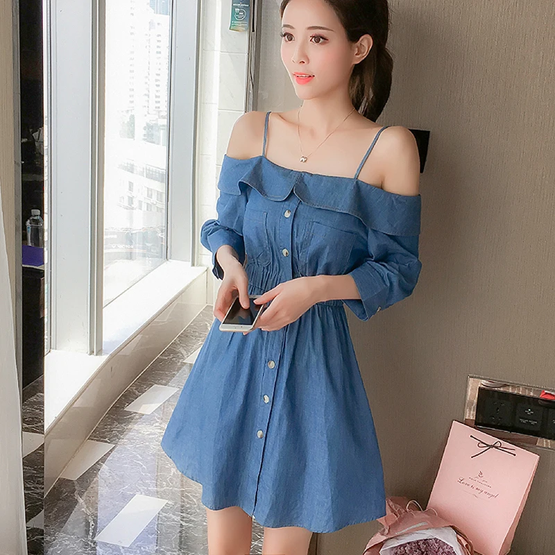 Sexy Denim Dresses Women Summer Off shoulder Slash neck Jeans Dress ...