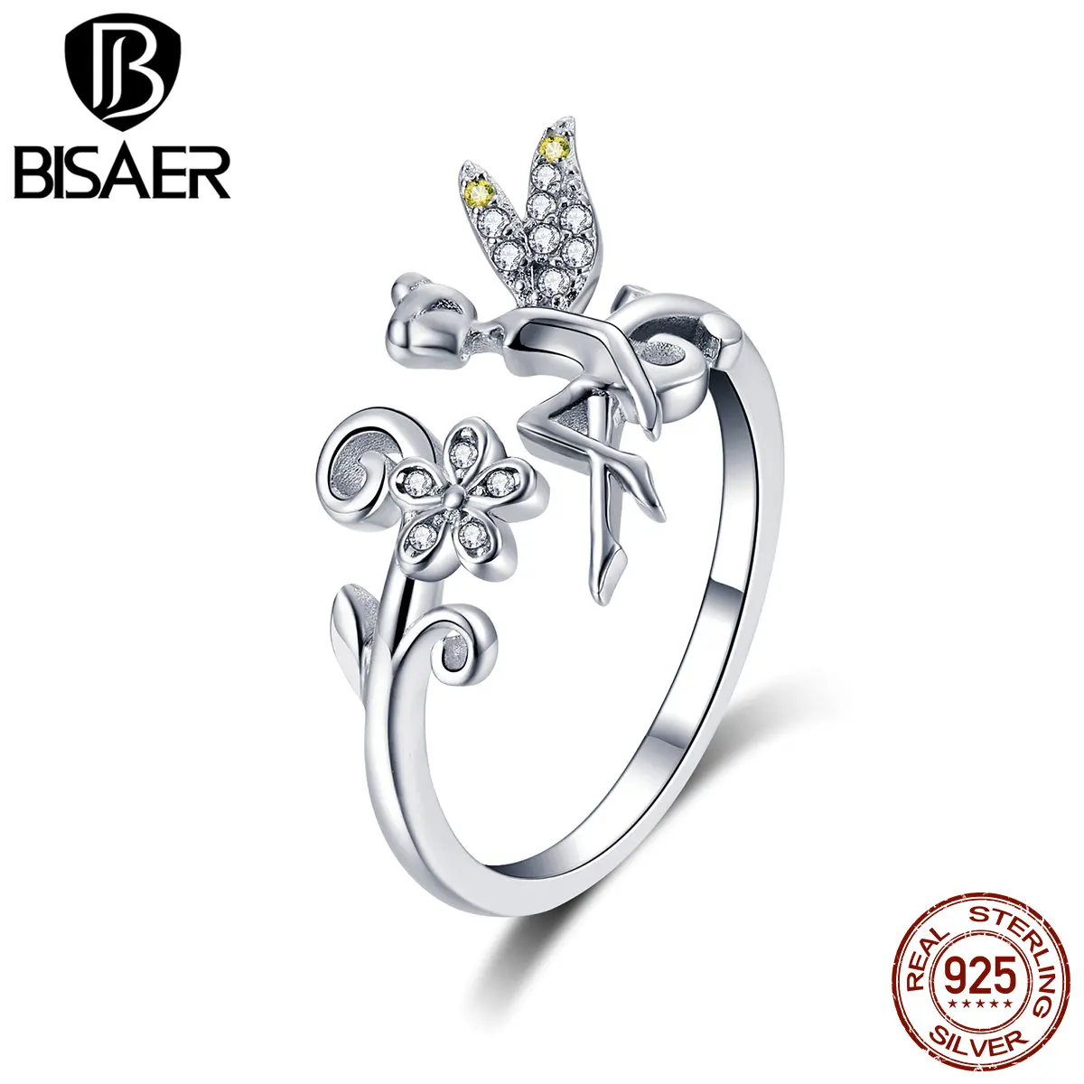 BISAER, настоящее 925 пробы, серебряное кольцо с цветами эльфа, принцесса, чистое CZ, роскошное элегантное для свадьбы помолвки, Серебряное ювелирное изделие EFR025