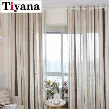 

European Cotton Linen Curtain Coffee Striped Design Window Gauze Sheer Curtains For Living Room Balcony Kitchen Drapes P222-2