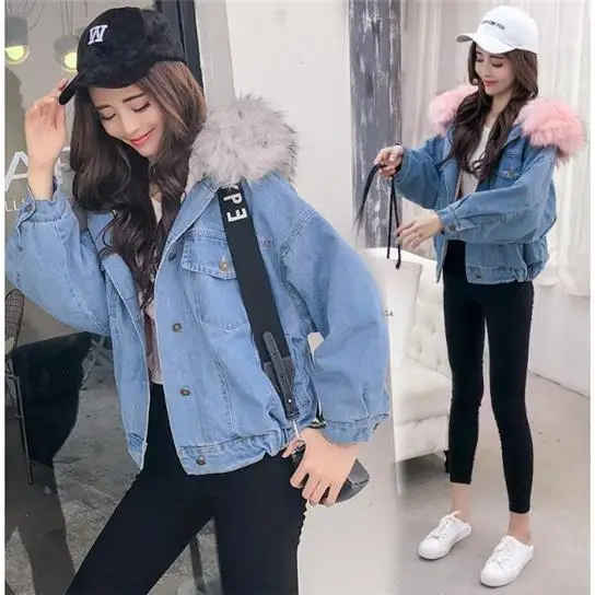 

Fleece Thick Denim Jacket Women Autumn Winter Big Fur Collar Korean Version Locomotive Sheepskin Coat Female Student Short Coat