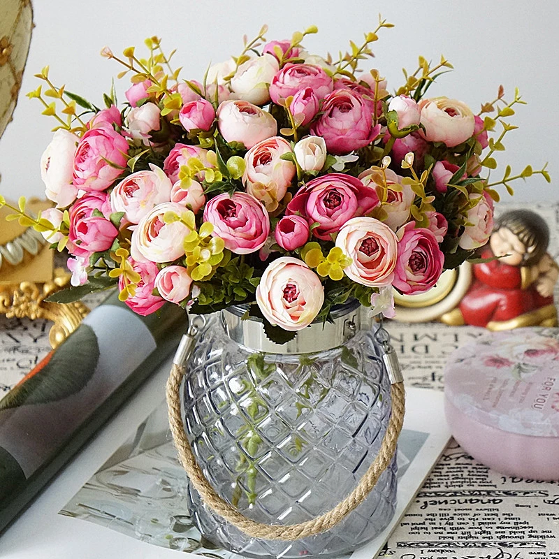 

white silk tea roses artificial flowers bride small bouquet for wedding home decoration high quality fake flowers roses bouquet