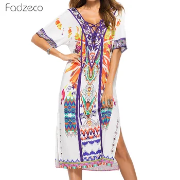 

Fadzeco African Dress For Women Ethnic Print Midi Dress V Neck Lace Up Fashion Robe Side Slit Femme Dashiki African Clothing