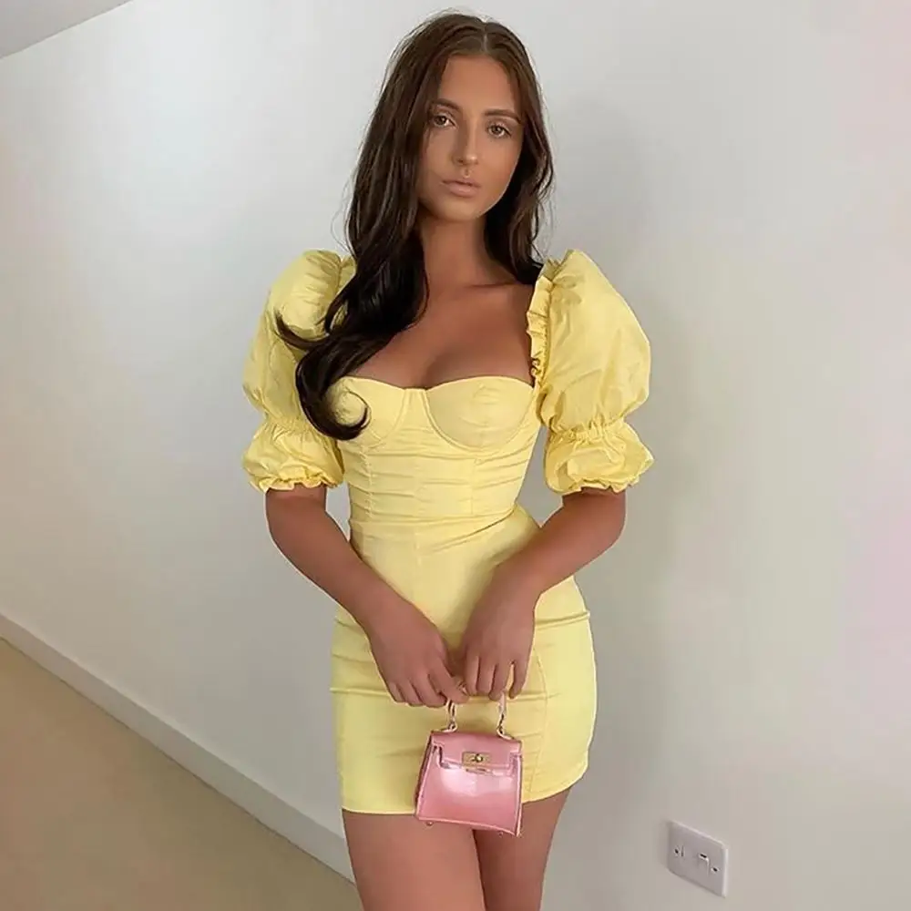 

French Retro Solid Milkmaid Mini Dress Women Vintage Backless Puff Sleeve Dress Ladies Ruffles Strapless Sheath Dress cwd0566-5