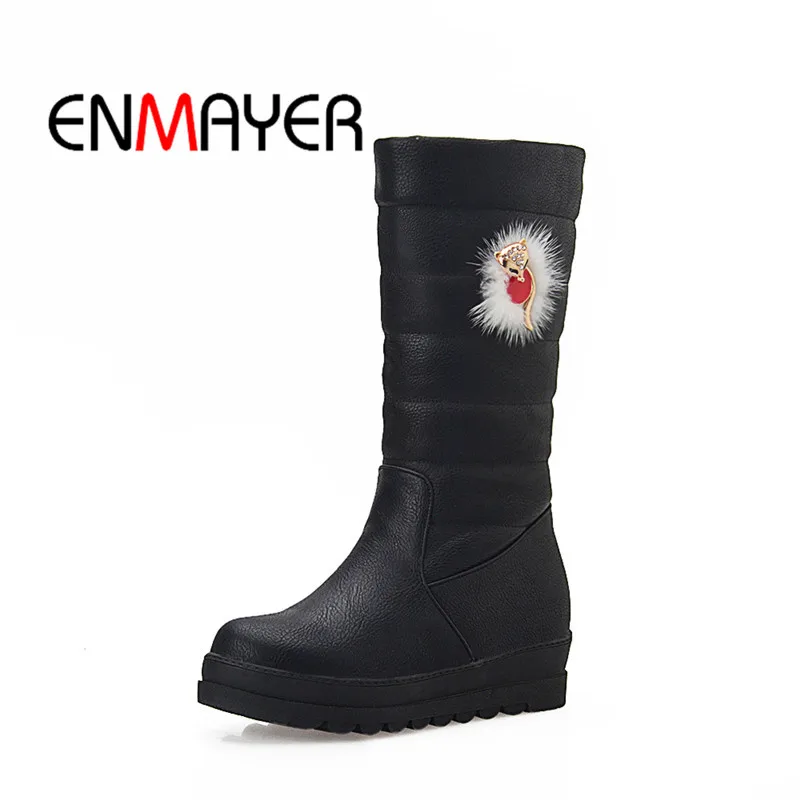

ENMAYER 2018 Ankle Strap Ladies Cool Woman Casual Shoes Black High Heel Fashion Square Heel Boots Size Short Plush 34-43 WHY125