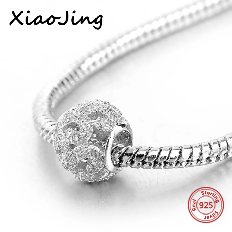 

100% 925 Sterling Silver charms round shape Beads with clear CZ Fit authentic European Bracelets Pendant Jewelry making Gifts