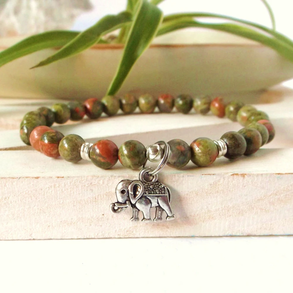 

Elephant natural stone unakite bracelet,Ganesh , yoga , healing energy wrist mala