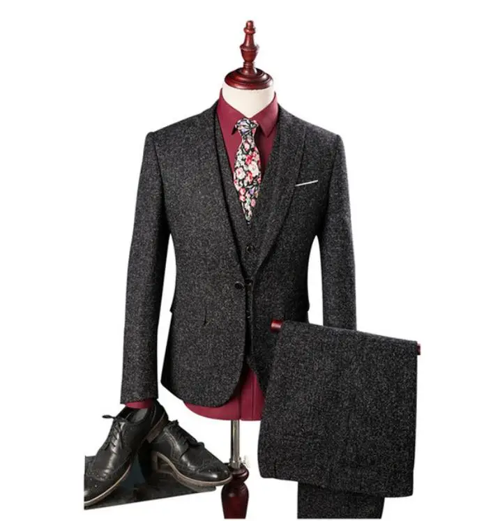 

(Jacket+Vest+Pants) Men's suits 2018 British style Men's fashion Single button wool suit Men wool wedding suits mens clothes
