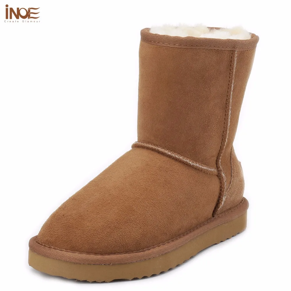 INOE sheepskin leather suede snow boots for women nature fur wool lined men winter shoes high quality brown 35-45 free shipping
